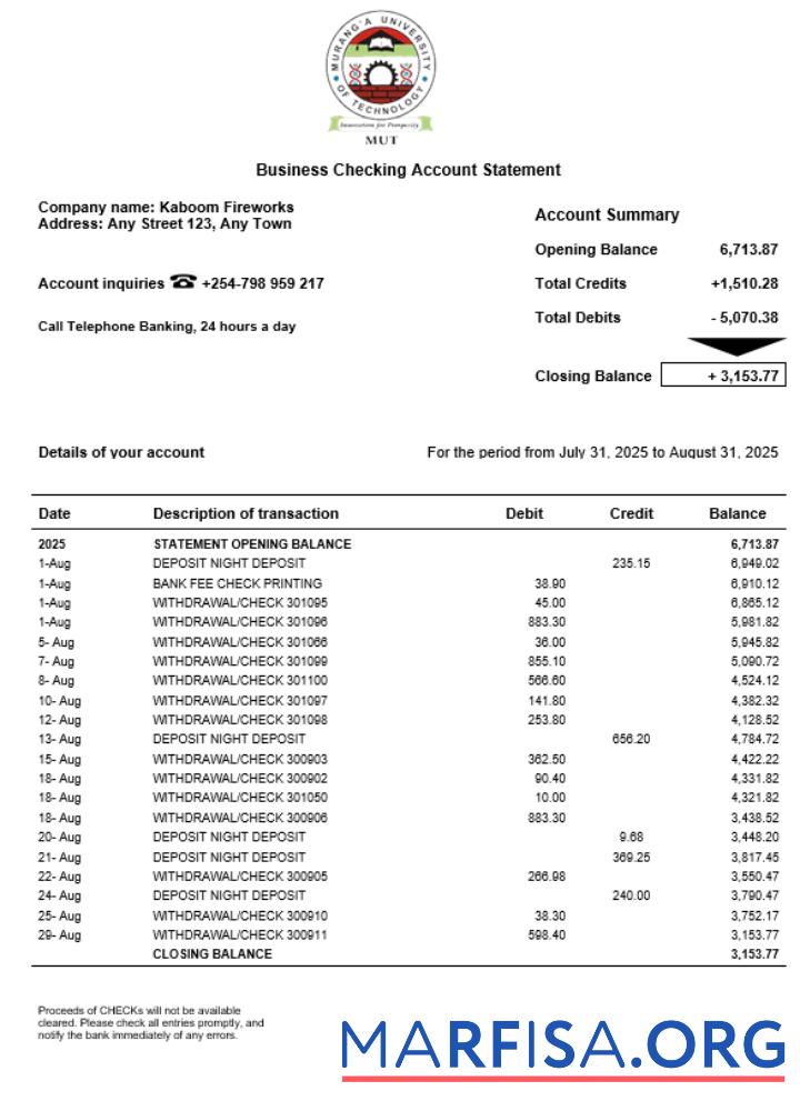 Downloadable Muranga University of Technology business organization checking statement Word and PDF format sample